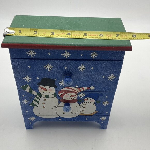 Christmas Winter Snowman Jewelry Box Trinket‎ Storage 2 Drawer Wood Chest Blue - Picture 8 of 11